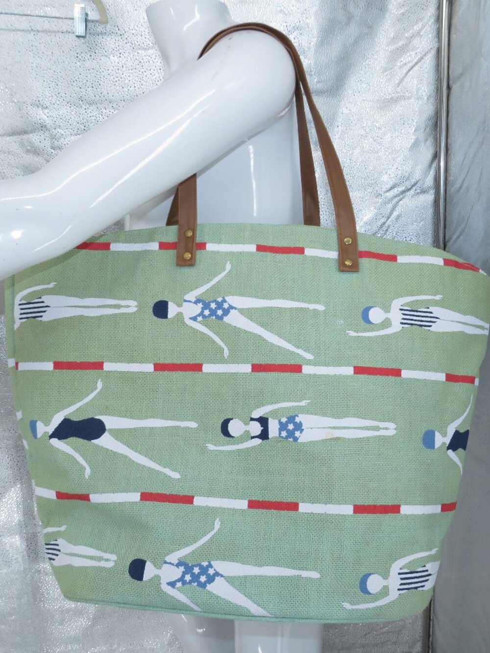Mud Pie Swimmer Tote Bag Green Large Canvas Beach Carryall Shoulder Pool 20x15